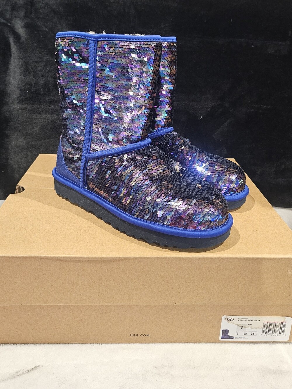 UGG Women's Blue Stellar Iridescent Sequin Mid-Calf Boots- Size 7